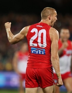 AFL 2017 Round 22 - Adelaide v Sydney Sam Reid celebrates a goal against Adelaide in Round 22 at the Adelaide Oval. - Sam Reid